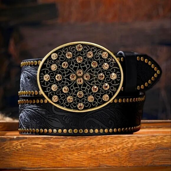 Fashion Vegan Black Leather Belt Boho Western Style Embossed Pattern Size XL - Picture 3 of 7